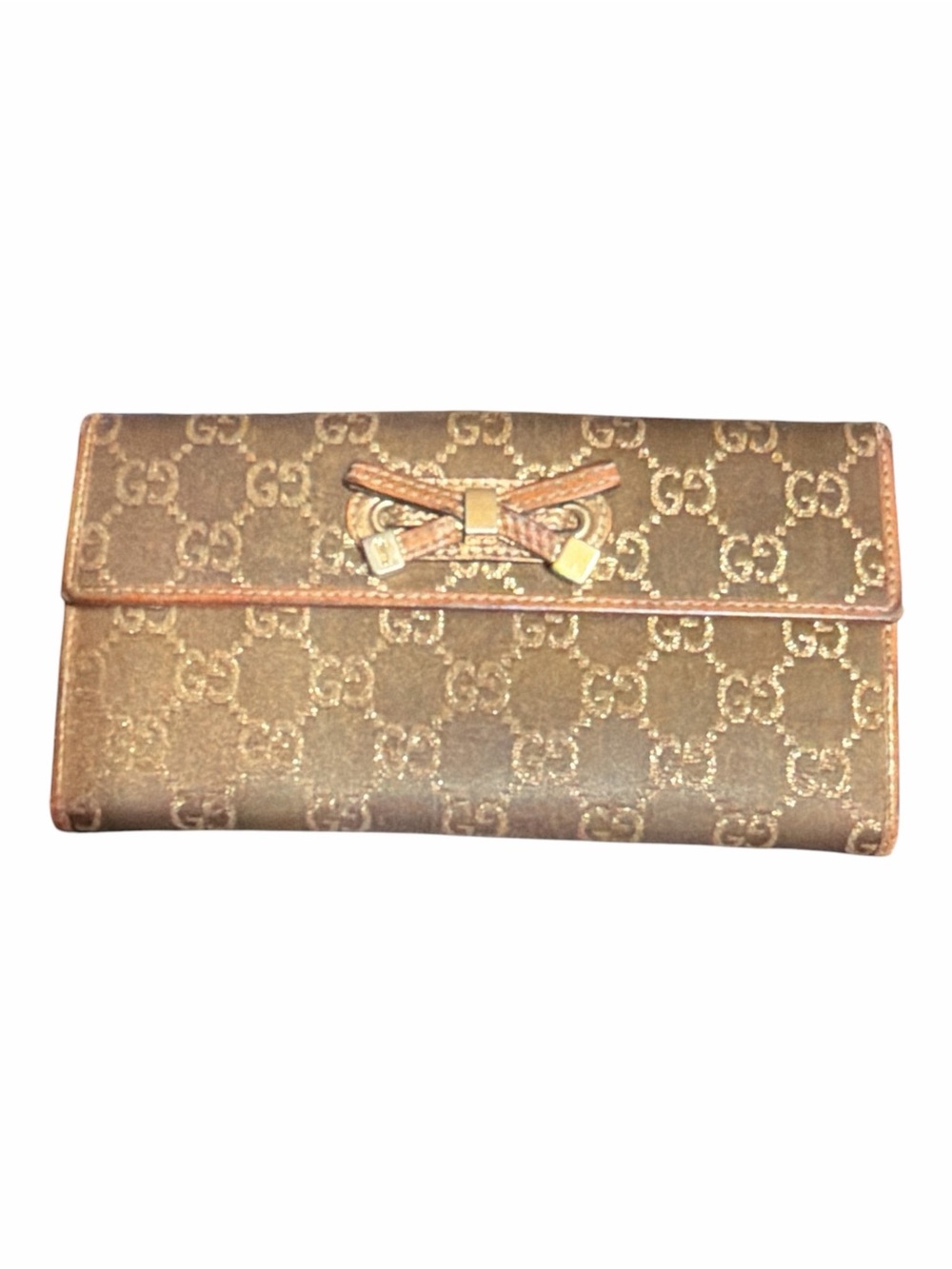 Authentic Gucci Vintage GG Canvas Bow Continental Wallet Metallic Gold